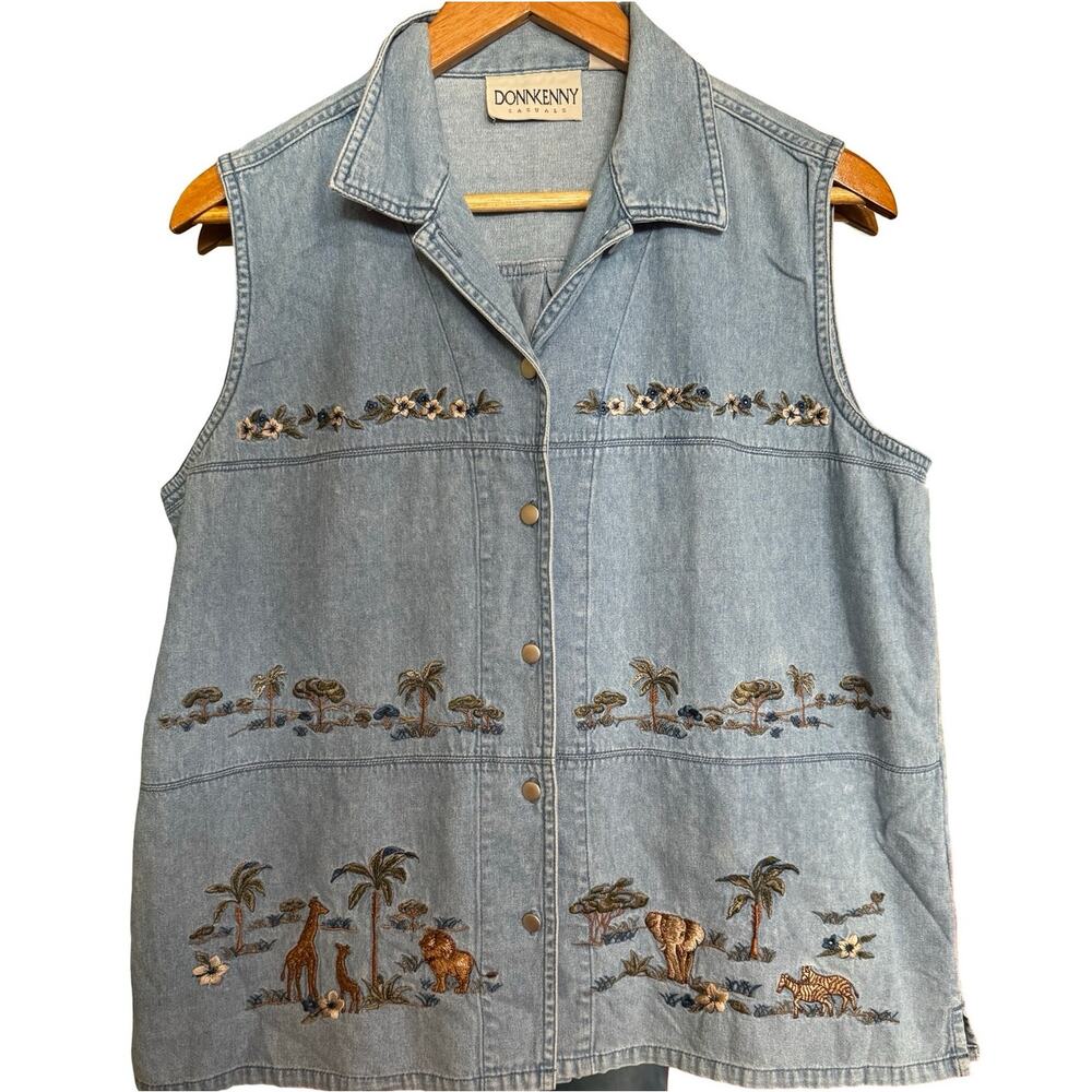 Vintage DONNKENNY Denim Sleeveless Vest/Blouse Jungle Themed Size: L